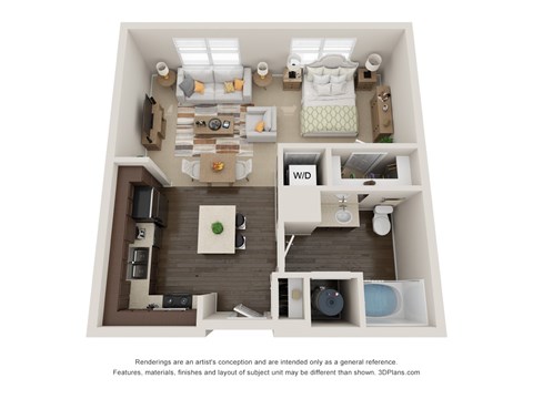 A 3D floor plan of a small apartment with a kitchen, living room, and bathroom.